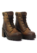Vista lateral de botas casuales de cuero para mujer color miel, marca San Polos modelo Fulton, con tacón de 5.5cm.