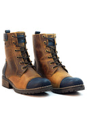 Botas de cuero para mujer San Polos modelo EK1541 en color miel con detalles en azul, vista de producto.