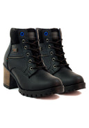 Botas de cuero para mujer San Polos EK5202 en color negro, vista de tres cuartos.